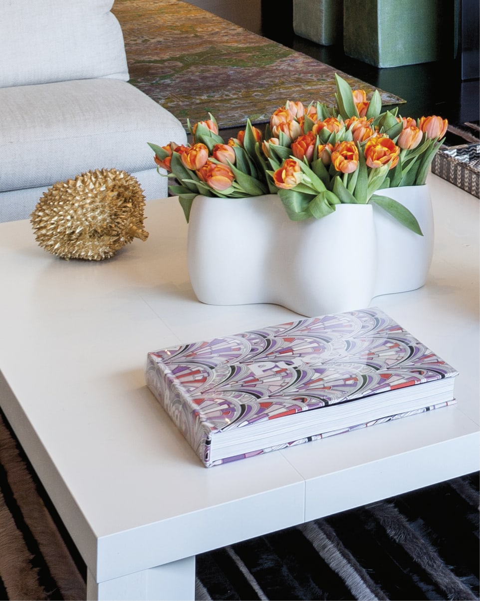 Coffee table with tulips and coffee table book